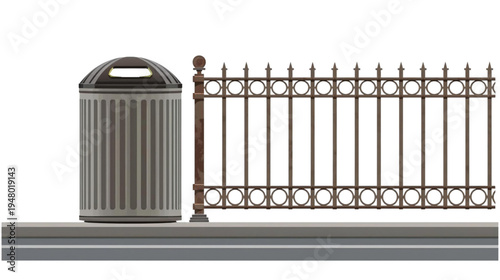 roadside trash can near the iron fence