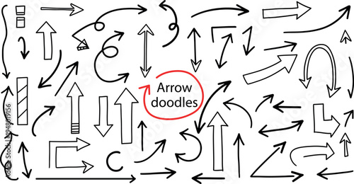 A collection of various hand drawn arrows and direction pointers in different styles and directions for use in design and illustration projects