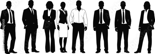 Professional silhouettes of business people in formal suits standing together in a row, isolated vector illustration for corporate teamwork concepts