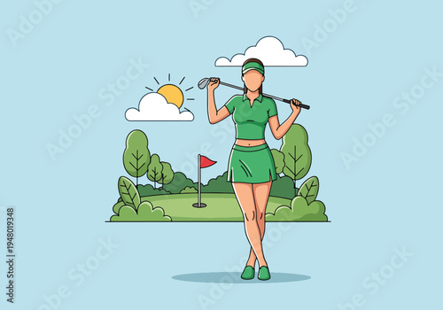 Modern vector illustration of woman playing golf game on lush green course under clear spring sky