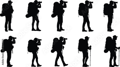 Photographer traveler silhouettes set, hiking backpackers taking photos collection, outdoor adventure tourists, camera shooting poses, black isolated vector illustration