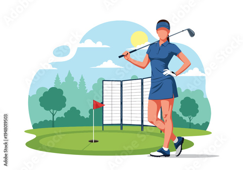 Modern vector illustration of woman playing golf game on lush green course under clear spring sky