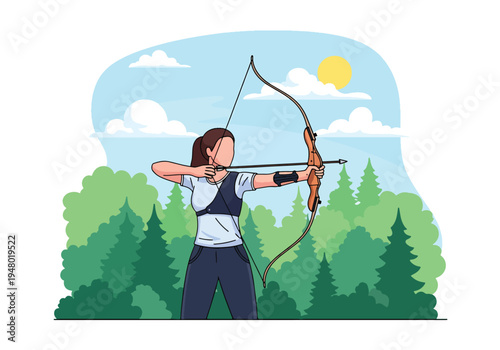 Modern vector illustration of archery training session in forest clearing during spring season