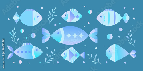 Stylized illustration of blue fish and aquatic plants on teal background