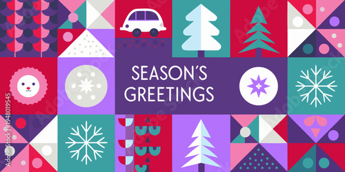 Colorful geometric pattern with seasonal icons and a holiday greeting