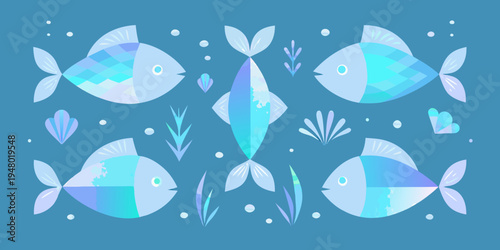 Stylized illustration of various blue and turquoise fish with marine plants