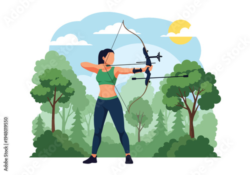 Modern vector illustration of archery training session in forest clearing during spring season