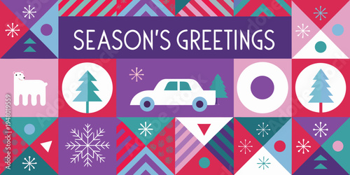 Festive season s greetings card with winter scenes and geometric shapes