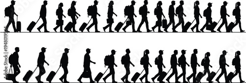 Travelers walking with luggage silhouettes set, airport passenger travel people collection, tourism journey lifestyle vector illustration isolated