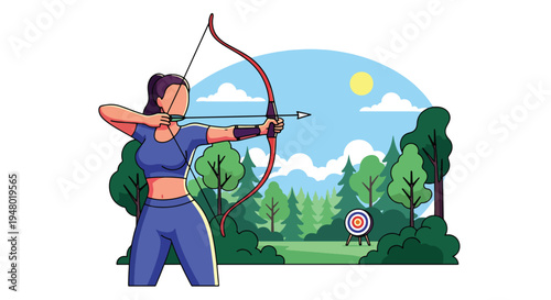 Modern vector illustration of archery training session in forest clearing during spring season