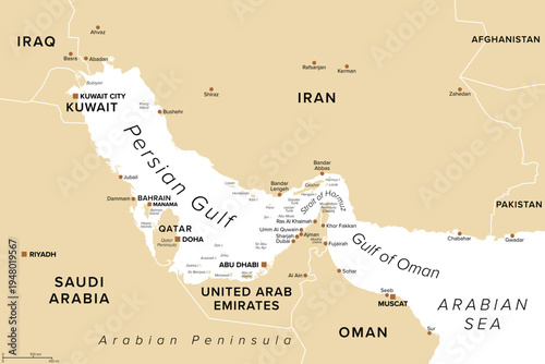 Persian Gulf region, political map. Sometimes called Arabian Gulf, is an extension of the Arabian Sea between Arabian Peninsula and Iran, connected to the Gulf of Oman by the Strait of Hormuz. Vector