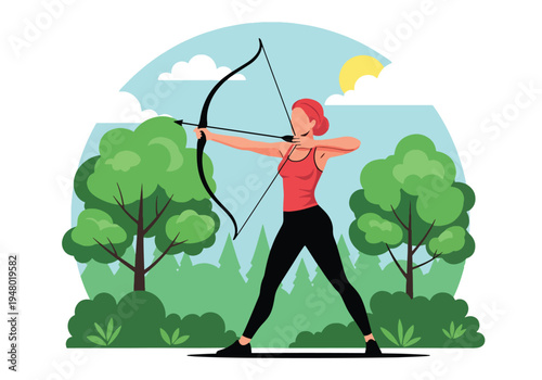 Modern vector illustration of archery training session in forest clearing during spring season