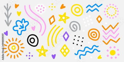 Colorful abstract doodles and shapes scattered across a light gray background
