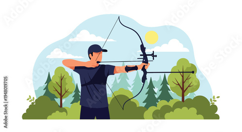 Modern vector illustration of archery training session in forest clearing during spring season
