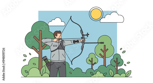 Modern vector illustration of archery training session in forest clearing during spring season