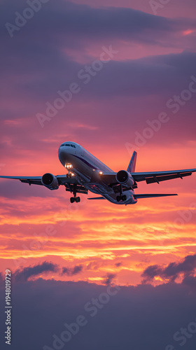 Commercial passenger airplane soaring through a vibrant sunset sky filled with dramatic clouds of pink and orange. Aircraft shown with landing gear down and bright lights on as it prepares for land...