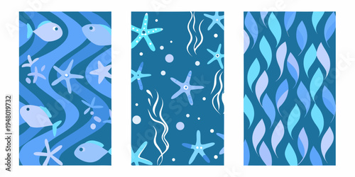 Three seamless patterns depicting underwater life in cool blue tones