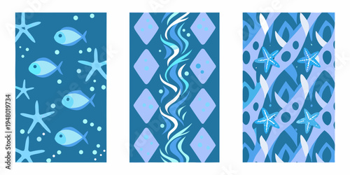 Three vertical panels displaying abstract blue ocean patterns and marine life