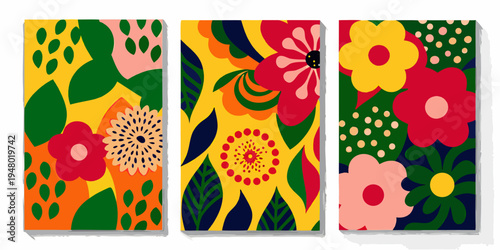 A vibrant triptych of abstract floral patterns in bold colors