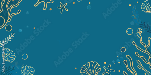 Stylized underwater scene with golden marine life on teal background