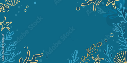 Stylized illustration of ocean life with shells coral and starfish