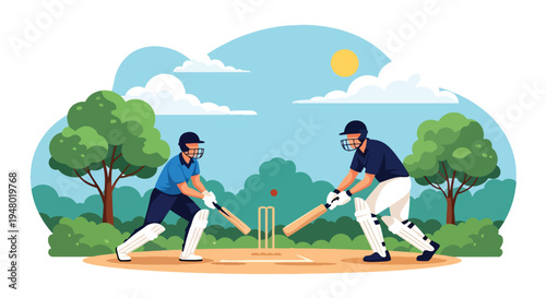 Modern vector illustration of cricket game played in community field surrounded by fresh green spring scenery