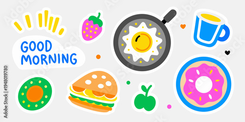 A colorful breakfast illustration with food stickers and a greeting