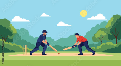 Modern vector illustration of cricket game played in community field surrounded by fresh green spring scenery