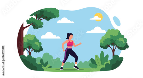 Modern vector illustration of a woman in outdoor aerobics session at community park during sunny spring day