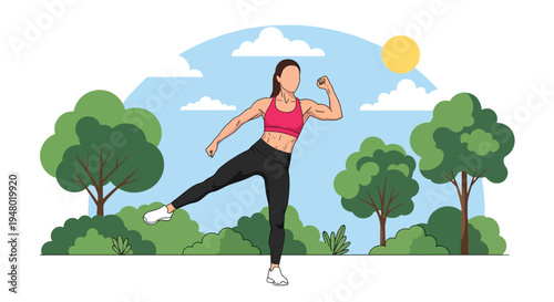 Modern vector illustration of a woman in outdoor aerobics session at community park during sunny spring day