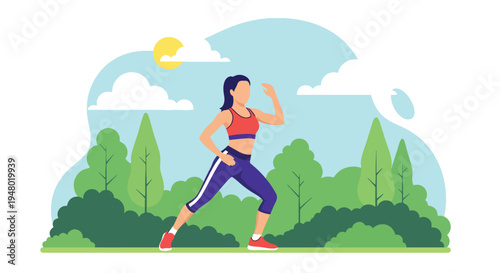 Modern vector illustration of a woman in outdoor aerobics session at community park during sunny spring day