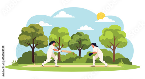 Modern vector illustration of cricket game played in community field surrounded by fresh green spring scenery