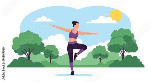 Modern vector illustration of a woman in outdoor aerobics session at community park during sunny spring day