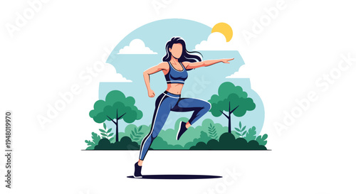 Modern vector illustration of a woman in outdoor aerobics session at community park during sunny spring day