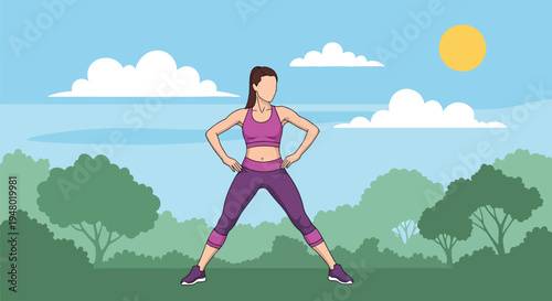 Modern vector illustration of a woman in outdoor aerobics session at community park during sunny spring day