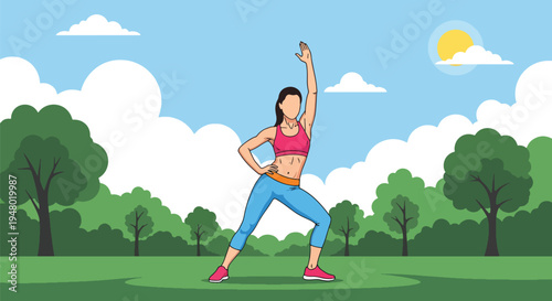 Modern vector illustration of a woman in outdoor aerobics session at community park during sunny spring day
