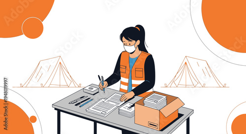 Aid worker in mask and vest at desk with documents and tents in background