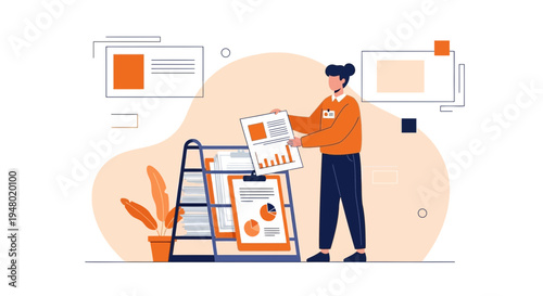 Businesswoman analyzing financial charts and reports on a stand, modern office illustration