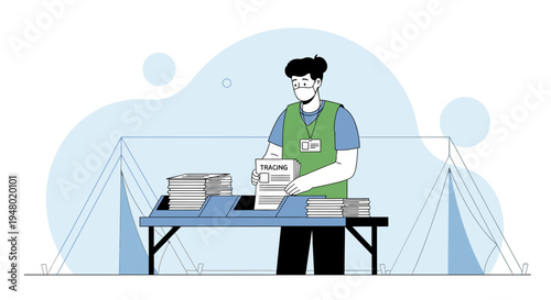 Contact Tracing Worker in Mask Organizing Documents at Desk