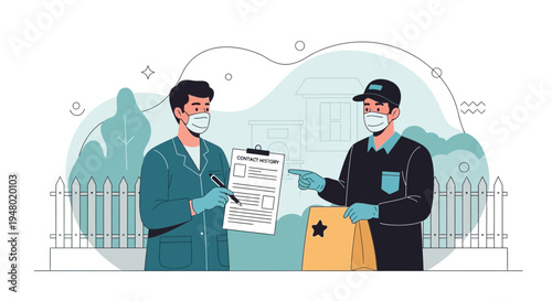Delivery man in mask and gloves handing package to customer signing document