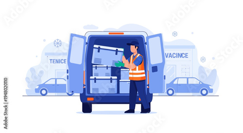 Delivery man loading boxes into a van for logistics and shipping services