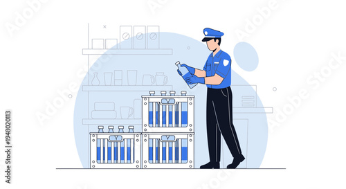 Customs officer inspects bottles in warehouse, quality control, security check