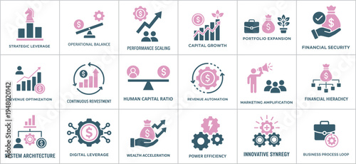 Business finance and growth strategy icons set
