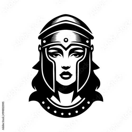 Logo mujer guerrera de fantasía. Icono con cara de mujer con casco de legionario romano.