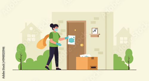Delivery person in mask and gloves leaves package at doorstep, contactless service