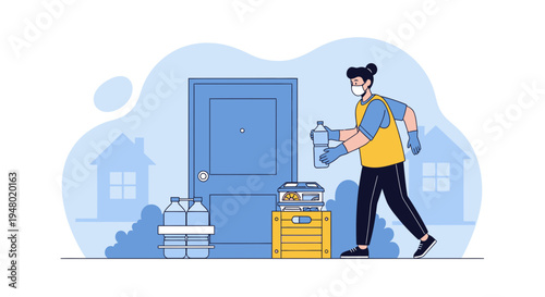 Delivery person in mask delivering groceries and packages to a house door