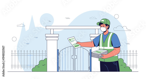 Delivery Person in Mask Distributes Flyers at Gated Entrance