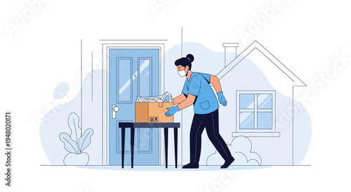 Delivery person in mask and gloves leaving package on table at doorstep, contactless delivery
