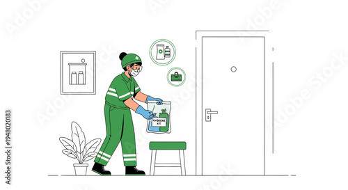 Delivery person in protective gear leaves package at door, contactless service