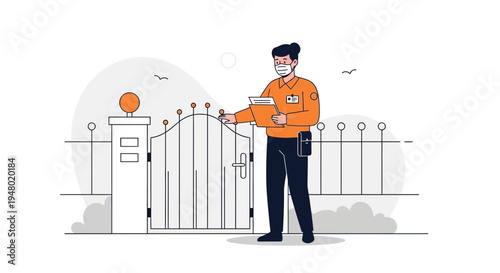 Delivery person wearing mask delivering package at gate, contactless service